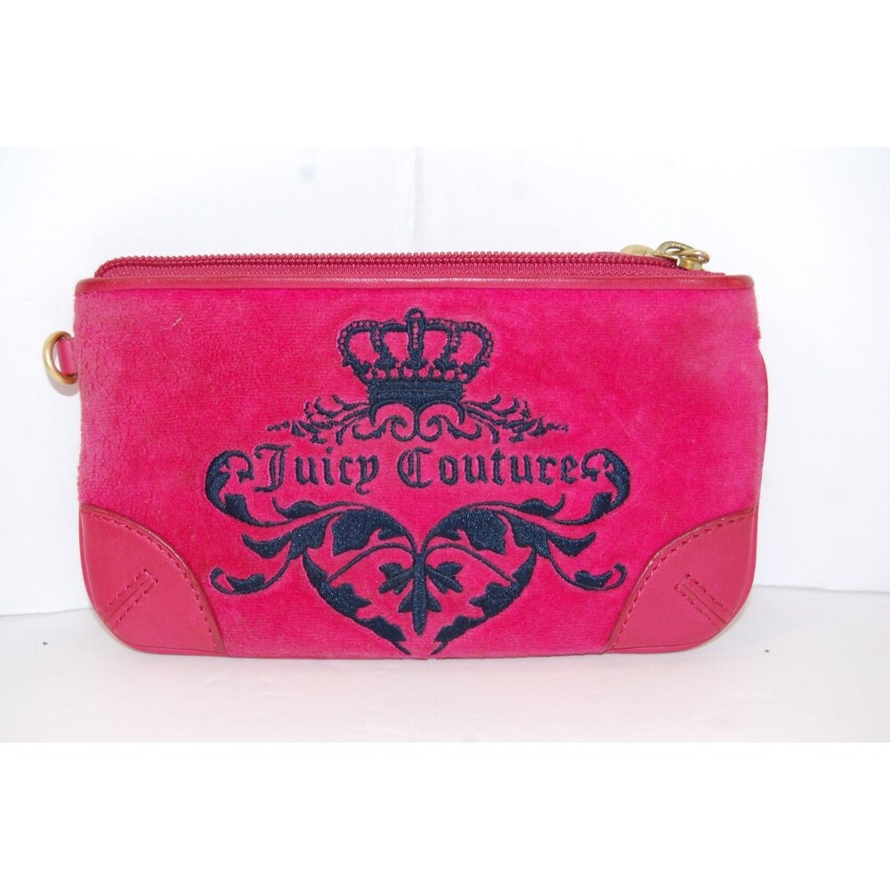 Vintage Juicy Couture Y2K Hot Pink Velvet & Black Embroidered Wristlet